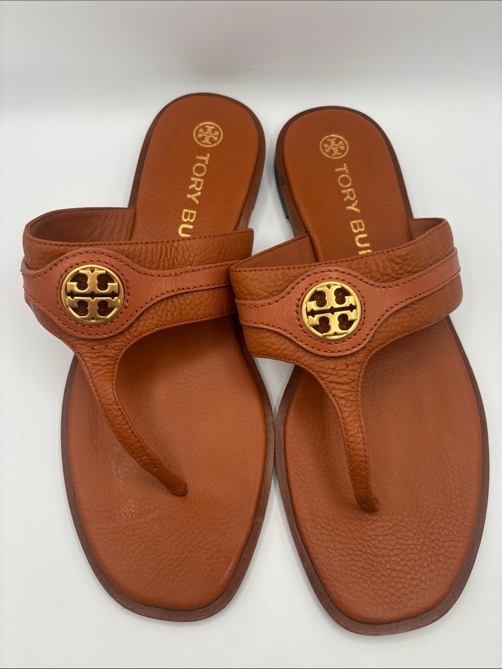Tory Burch Camel Leather Logo Thong Sandals